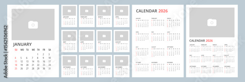 2026 Year Simple Calendar Template with Space for Logo, Illustration or Photo. Week Starts on Sunday. 