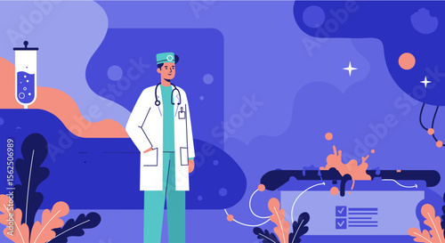 A male doctor in a lab coat and stethoscope stands in a modern, stylized laboratory, representing medical research and scientific innovation.