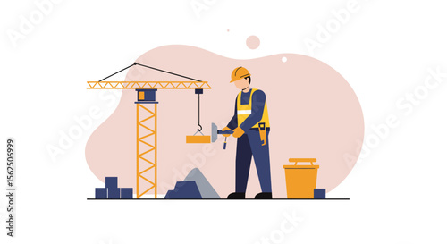 A construction worker in a yellow hard hat is depicted using a crane to lift bricks, set against a clean white background with simple shapes.