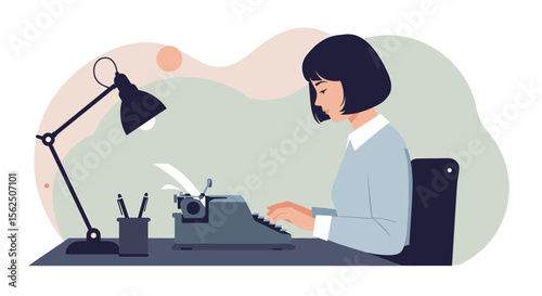 A woman is seated at a desk, typing on a typewriter with a lamp providing light to her workspace. Suitable for landing page, banner, marketing, web design, presentation, infographic, etc.