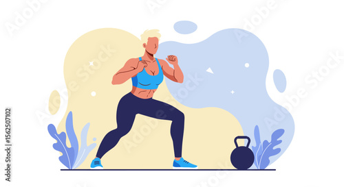 a woman in a blue sports bra and leggings, engaged in a workout, with a kettlebell beside her. Suitable for landing page, banner, marketing, web design, presentation, infographic, etc.