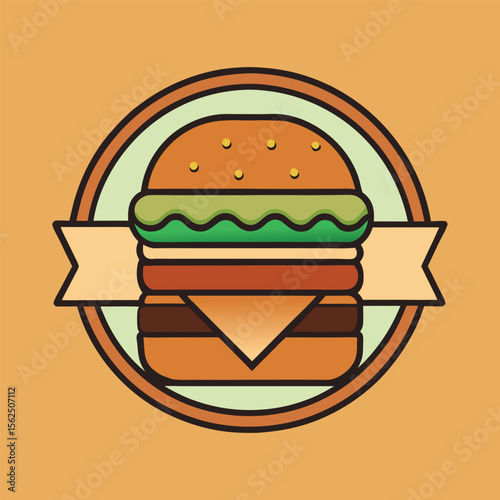 Retro Burger Emblem with Ribbon Fast Food Restaurant Logo Design
