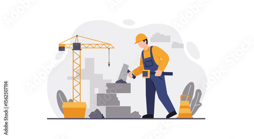 A construction worker, wearing a yellow hard hat and overalls, carefully places a brick, building a wall with a crane in the background, in a vector illustration.