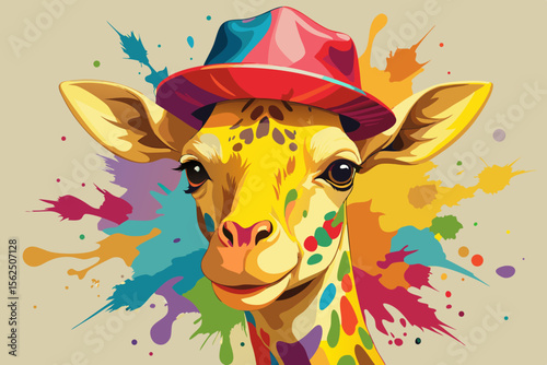 Colorful Pop Art Giraffe Portrait Wearing a Red Hat