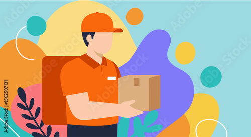 A professional delivery man in an orange uniform holds a package, ready to provide fast and efficient service against a vibrant, abstract background illustration.