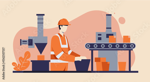 a worker in an orange safety vest and hard hat operating a conveyor belt system with various boxes on it. Suitable for landing page, banner, marketing, web design, presentation, infographic, etc.