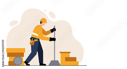 An illustrated construction worker in a yellow hard hat and safety vest sweeps the floor with a broom, depicting labor and construction work in a clean, modern style.