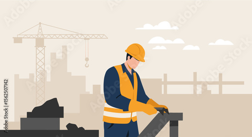 Skilled construction worker in safety gear on a building site with cranes and structures, representing industry and development.