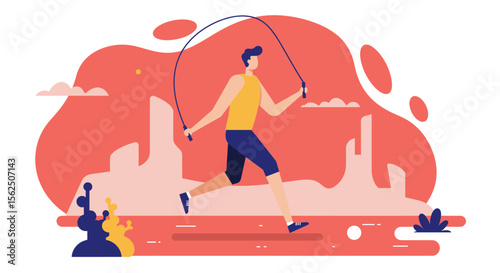 a person in athletic attire jumping rope against a backdrop of a city skyline with a red and orange gradient. Suitable for landing page, banner, marketing, web design, presentation, infographic, etc.