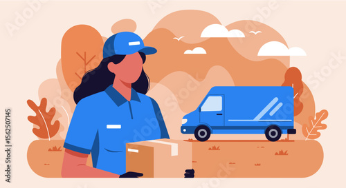 a delivery person in a blue uniform carrying a package, with a blue delivery van in the background. Suitable for landing page, banner, marketing, web design, presentation, infographic, etc.