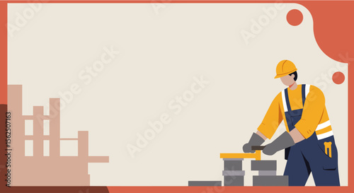 A construction worker in protective gear expertly lays bricks, building a structure with precision and skill in a modern flat illustration.