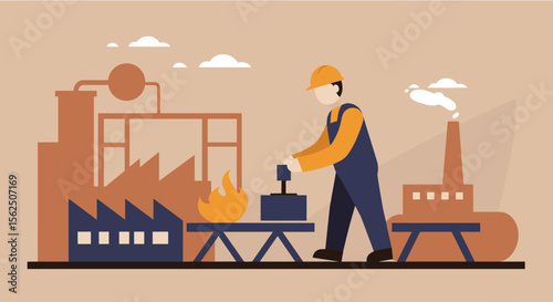a worker in a hard hat and overalls operating a piece of machinery in front of a factory with a smokestack. Suitable for landing page, banner, marketing, web design, presentation, infographic, etc.