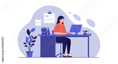 A woman sits at her desk, working on a computer, surrounded by office supplies and a potted plant, in a modern, minimalist workspace.