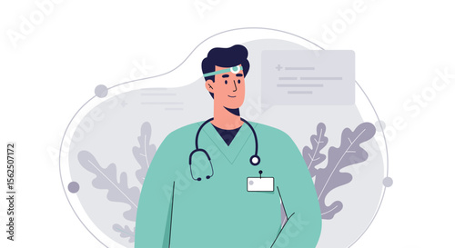 A male doctor in a green surgical gown with a head mirror stands against a white background, representing healthcare, medicine, and medical professionals.
