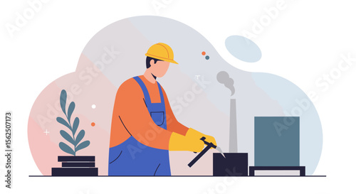 An industrial worker in protective gear performs a task at a factory site, with a smoking chimney in the background, illustrating manufacturing and labor.