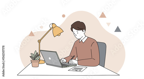 A man is seated at a desk, focused on working on a laptop, with a lamp providing light to his workspace. Suitable for landing page, banner, marketing, web design, presentation, infographic, etc.
