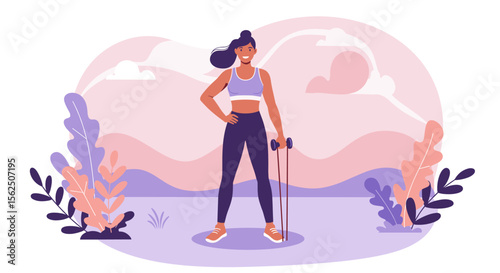 A fit woman stands confidently, holding exercise sticks, in a stylized outdoor setting with soft colors, conveying health, wellness, and an active lifestyle.