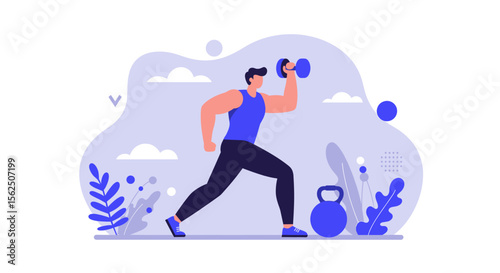 A young man in sportswear lifting dumbbell for arm exercise, promoting fitness and healthy lifestyle in a modern, minimalist vector illustration.