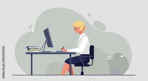 A focused blonde woman with glasses diligently works at her desk, typing on a computer and writing in a notebook in a modern office setting.