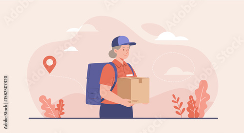 An elderly delivery person, wearing a cap and carrying a package with a backpack, stands ready for a delivery against a soft, illustrated background.