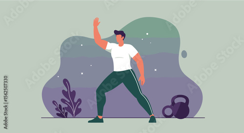 A fit man in athletic wear performs a dynamic exercise with a kettlebell nearby, promoting a healthy lifestyle and physical fitness.