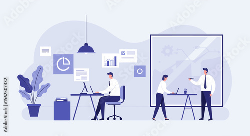 a modern office scene with three individuals engaged in various tasks. Suitable for landing page, banner, marketing, web design, presentation, infographic, etc.