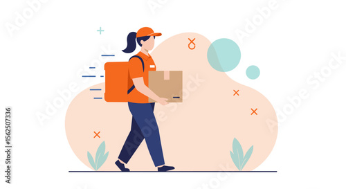 An illustration depicts a delivery person, wearing a cap and carrying a box and a backpack, walking quickly with a blurred motion effect, representing fast and efficient service.