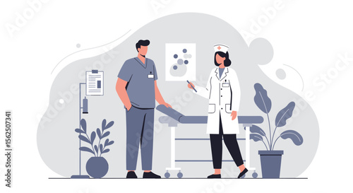 A medical professional in a white coat consults with a colleague in scrubs in a modern clinic setting, surrounded by plants and medical equipment.