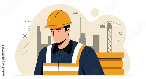 A construction worker in a yellow hard hat stands confidently against a backdrop of city buildings and a crane, symbolizing industry and development projects.
