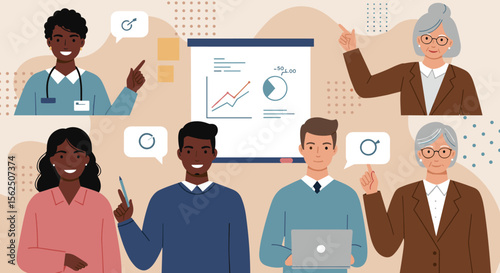 a group of diverse individuals engaged in a collaborative setting, with some presenting and others listening. Suitable for landing page, banner, marketing, web design, presentation, infographic, etc.