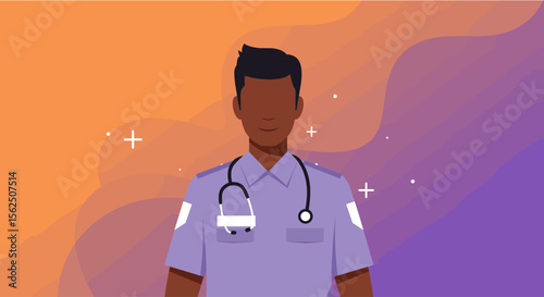 a person wearing a purple shirt with a stethoscope around their neck. Suitable for landing page, banner, marketing, web design, presentation, infographic, etc.