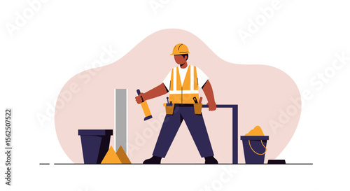 A construction worker, wearing a hard hat and safety vest, stands confidently holding tools, ready to work on a building project, showcasing his expertise and professionalism.