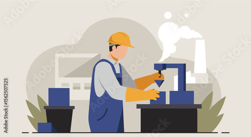 An illustration depicts a factory worker in a hard hat and overalls operating machinery, highlighting industry and production processes.