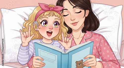 Flat Design Illustration of Girl with Cochlear Implant Reading Sign Language Story with Mother