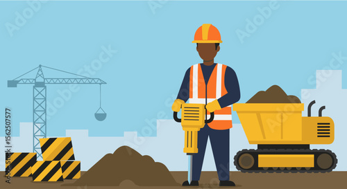 A professional male construction worker in a hard hat and safety vest operates a jackhammer on a bustling building site, depicted in a flat vector illustration style.