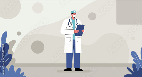 a doctor in a white coat and blue cap standing in front of a hospital corridor with plants on either side. Suitable for landing page, banner, marketing, web design, presentation, infographic, etc.
