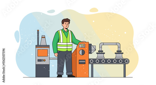 An illustration of a male factory worker wearing a safety vest operating industrial machinery in a manufacturing environment with a colorful, abstract background.