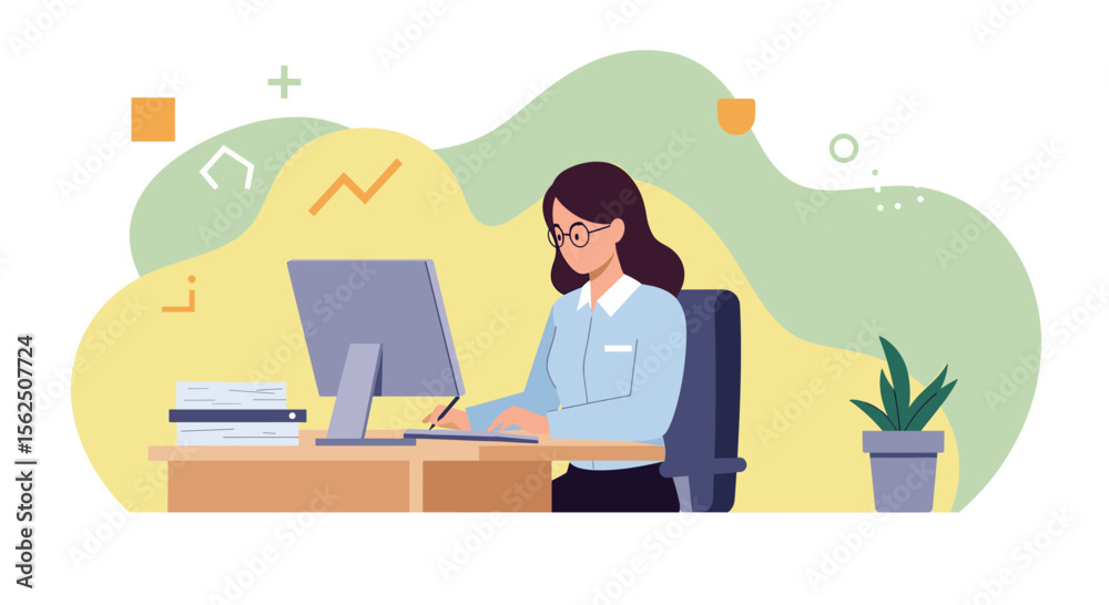 Fototapeta premium A woman with glasses sits at a desk, working on a computer with a plant and books nearby, in a modern, colorful office setting.