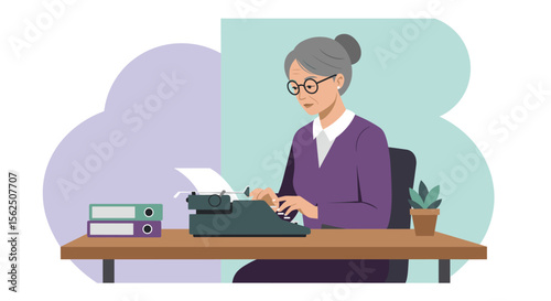 an elderly woman seated at a desk, typing on a typewriter. Suitable for landing page, banner, marketing, web design, presentation, infographic, etc.