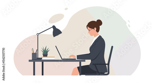 A woman in a business suit is sitting at a desk, working on a laptop with a lamp providing light. Suitable for landing page, banner, marketing, web design, presentation, infographic, etc.