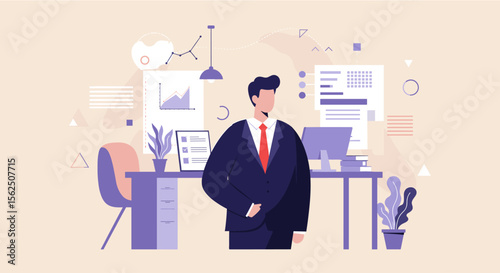 a man in a suit standing in an office environment, surrounded by various office supplies and a computer setup. Suitable for landing page, banner, marketing, web design, presentation, infographic, etc.