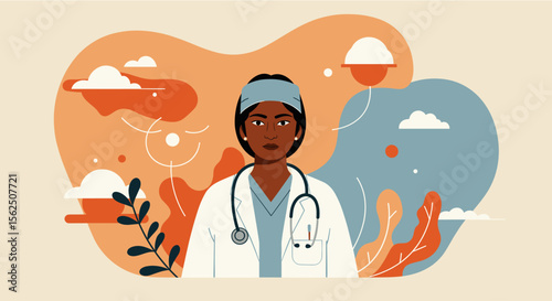 Portrait of a confident female African-American doctor against a soft, abstract background with pastel colors and natural elements, conveying a sense of calm and professionalism.