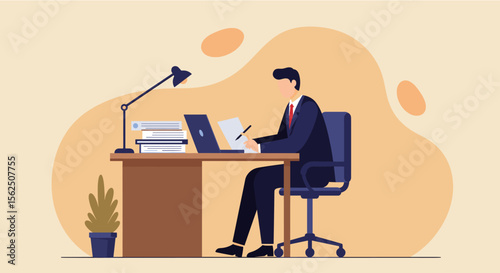 An illustrated businessman in a suit is working at his desk, using a laptop, and writing on paper in a well-lit office environment, focused on his tasks.
