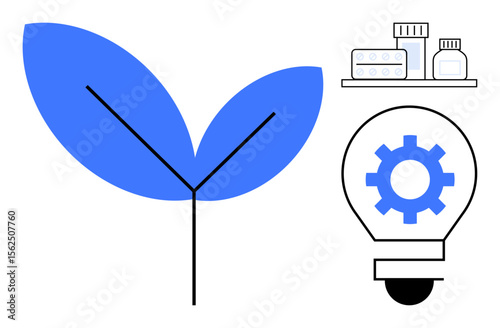 Leaf representing sustainability, light bulb symbolizing innovation with gear, and shelf of medical supplies. Ideal for healthcare, eco-innovation, environmental science, biotechnology, sustainable