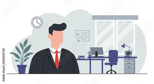 a man in a suit seated at a desk in an office setting, with a plant to his left and a clock on the wall above. Suitable for landing page, banner, marketing, web design, presentation, infographic, etc.