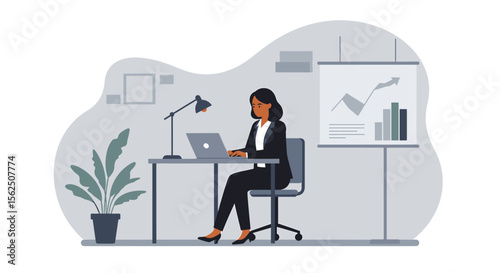 An illustration depicts a businesswoman working diligently at her desk, utilizing a laptop in a modern office setting with a presentation board and plant.