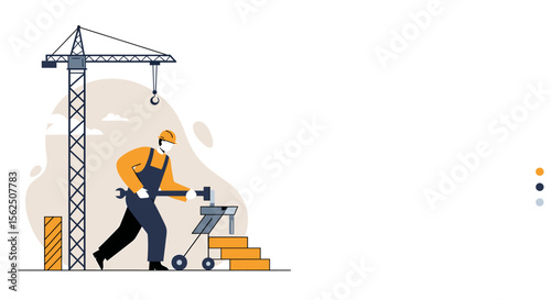 A construction worker in overalls and hardhat stands near a crane and building materials, showcasing a modern, minimalist vector illustration on a clean white background.