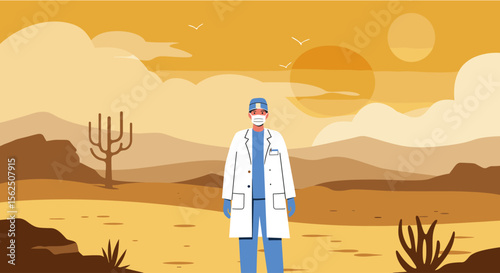 A medical professional wearing a protective face mask and scrubs stands resiliently in a stylized desert landscape at sunset.