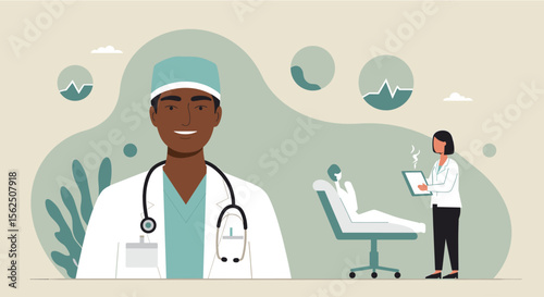 A friendly African American doctor smiles reassuringly at the camera while a patient rests and a nurse charts notes nearby, showcasing healthcare and medical professionals.