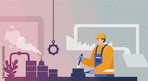 An industrial worker in protective gear is diligently operating equipment within a factory, depicted in a modern flat design style.